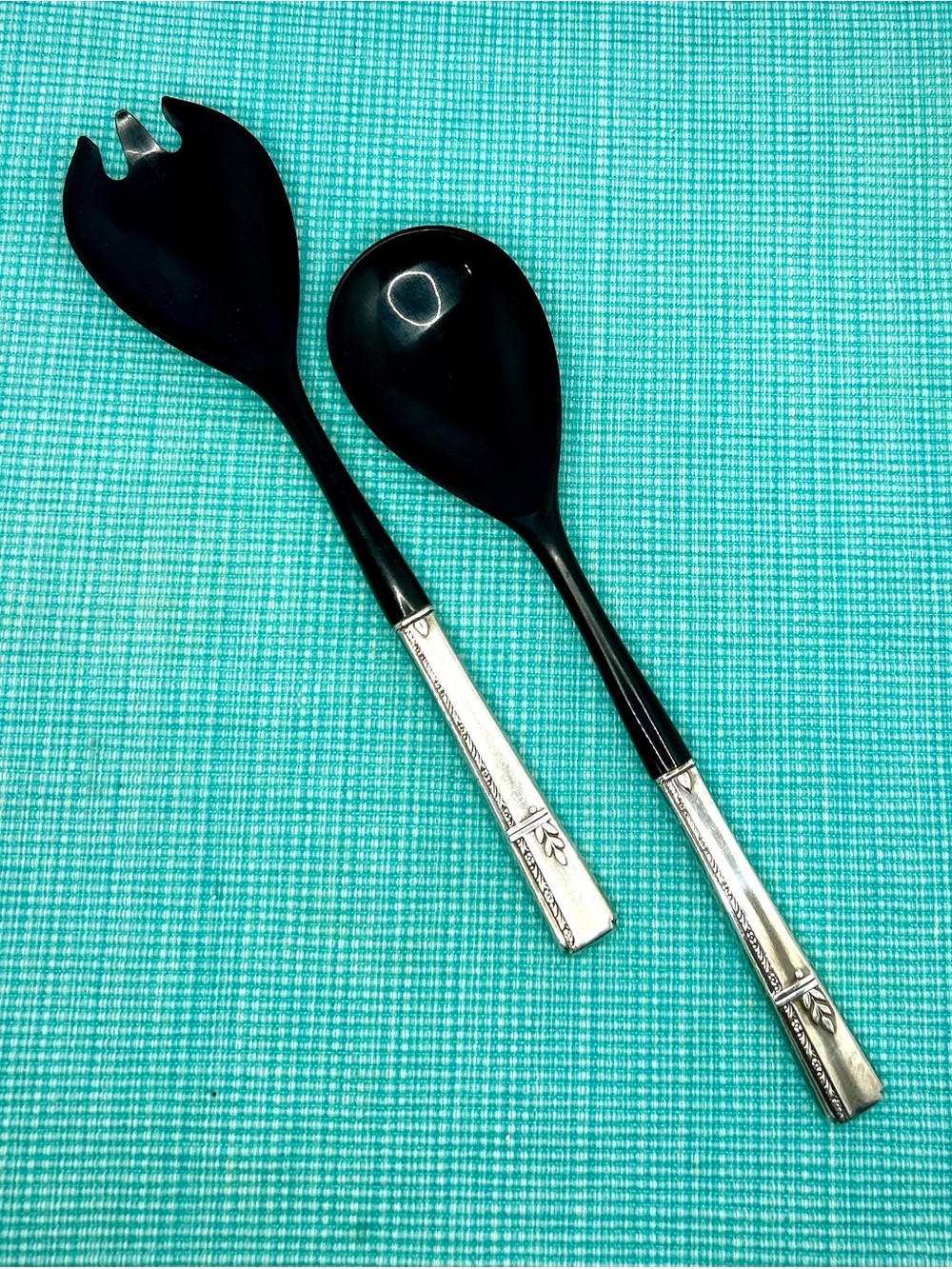 Oneida Grenoble Salad Serving Set Silverplate Handle Black Melamine Vintage 1938